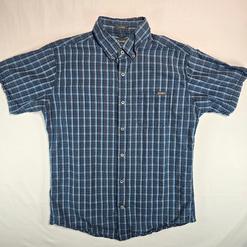 Eddie Bauer Mens Medium Blue Plaid Seersucker Short Sleeve Button Down Shirt